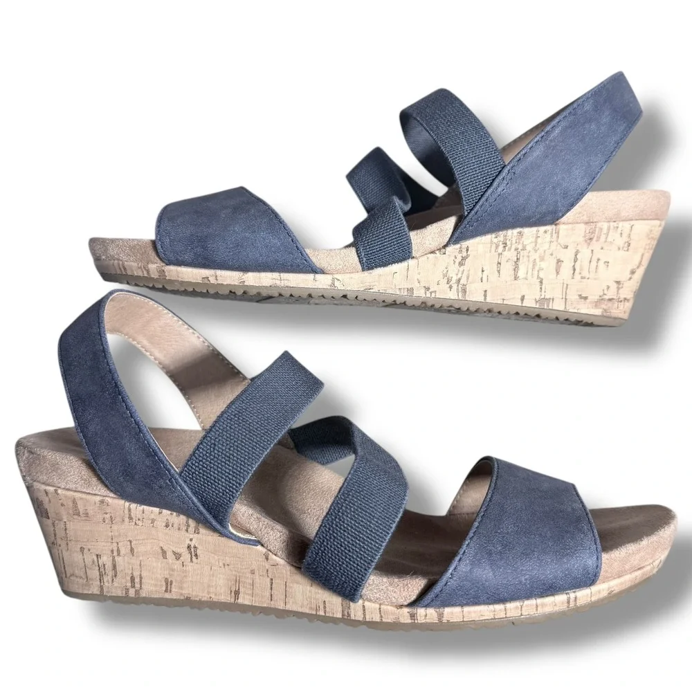LifeStride Marina Wedge Sandals Blue Fabric Elastic Comfort Size 7.5M